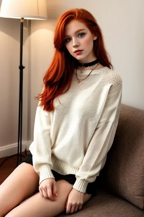 full body raw photo of a redhead white supermodel, (18yo redhead girl:1.2), makeup, graphic eyeliner, rouge, (choker:0.9), realistic skin texture, oversize knit sweater, (red:0.8), softcore, warm lighting, cosy atmosphere, instagram style, <lora:0070 see through sexy topst_v1:1>, <lora:more_details:1>