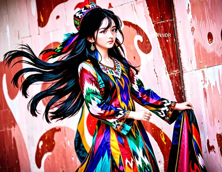 masterpiece, best quality, 1girl, wavy black hair blowing in the wind, in a colorful uyghur etles dress and wearing uyghur doppa, full body, <lora:etles:1>