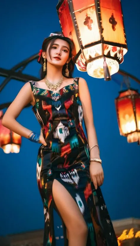 An extremely cute and adorable futuristic woman around 20 years old, full body, wearing really high slit uyghur etles dress with black stockings and high heels, standing in a chinese town at night with lanterns lighting the sky <lora:etles:1>