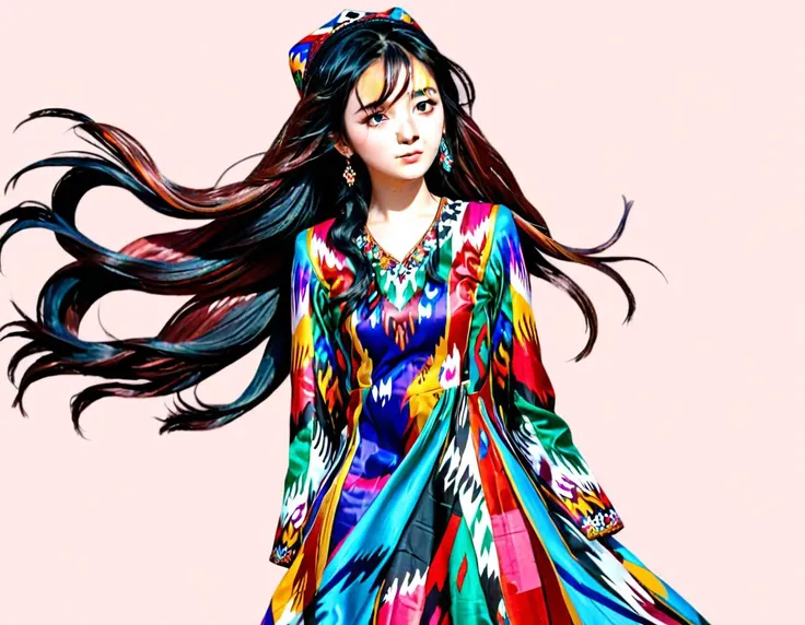 masterpiece, best quality, 1girl, wavy black hair blowing in the wind, in a colorful uyghur etles dress and wearing uyghur doppa, full body, <lora:etles:1>