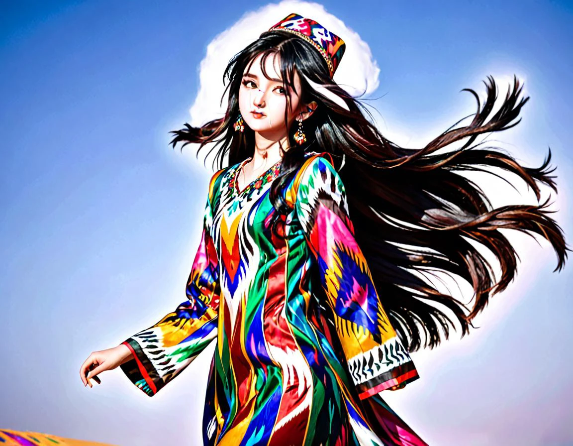 masterpiece, best quality, 1girl, wavy black hair blowing in the wind, in a colorful uyghur etles dress and wearing uyghur doppa, full body, <lora:etles:1>
