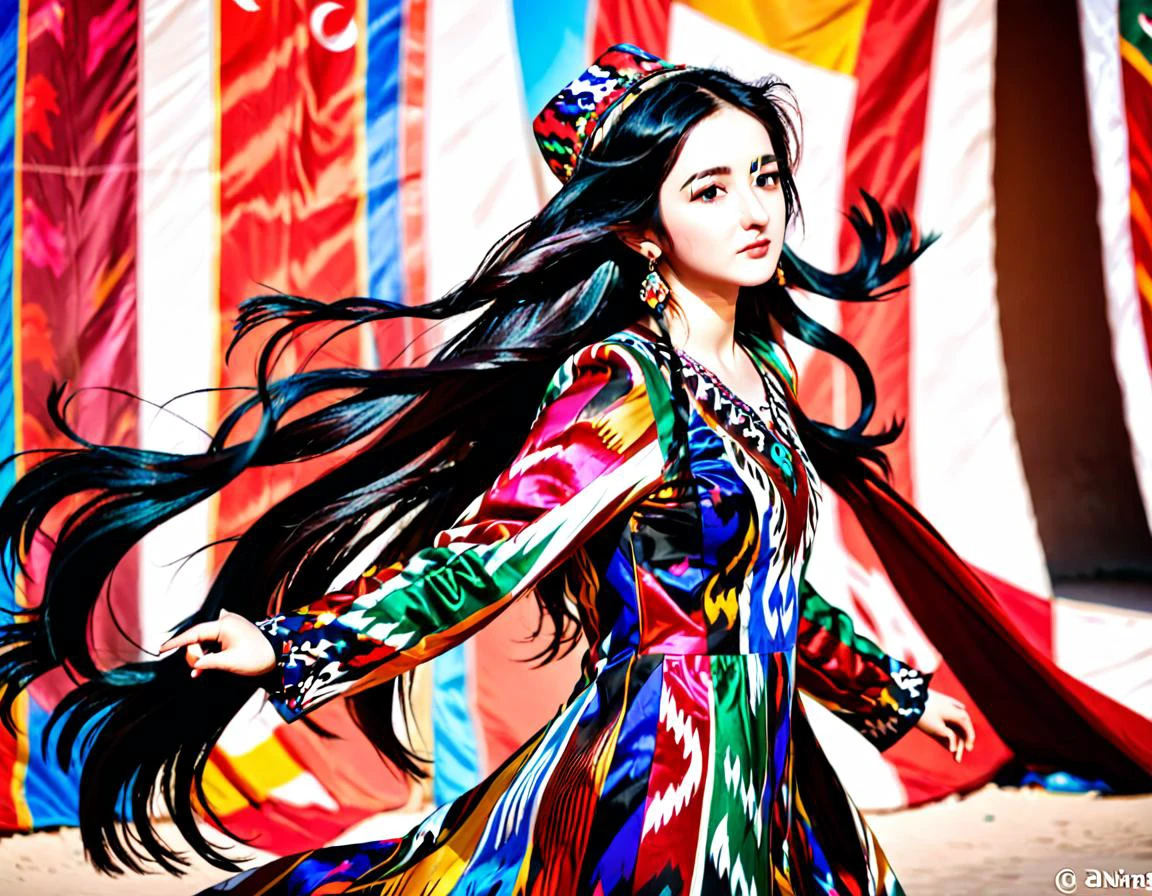 masterpiece, best quality, 1girl, turkish, uzbek, wavy black hair blowing in the wind, in a colorful uyghur etles dress and wearing uyghur doppa, full body, <lora:etles:1>