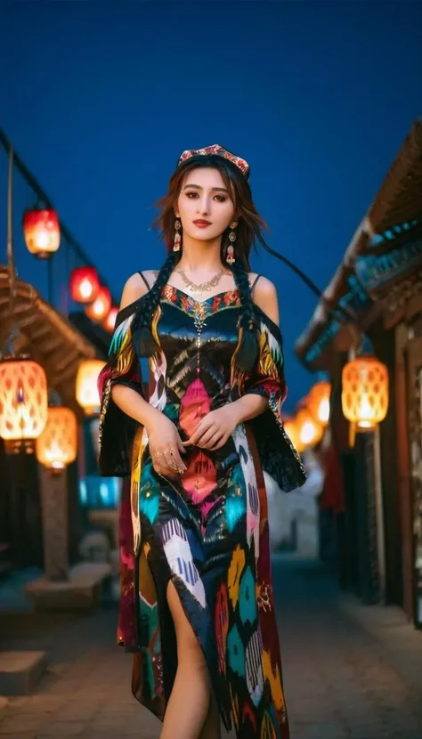 An extremely cute and adorable futuristic woman around 20 years old, full body, wearing really high slit uyghur etles dress with black stockings and high heels, standing in a chinese town at night with lanterns lighting the sky <lora:etles:1>