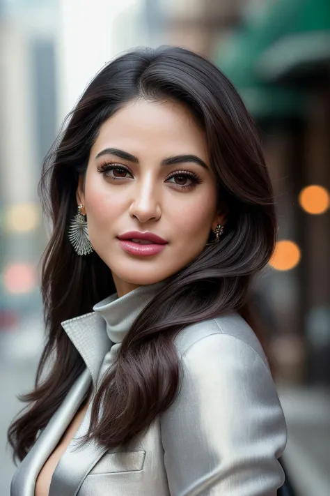 1 mulher adulta, beautiful Bollywood supermodel, big chest, cabelo comprido, cabelo cor preto, pele suave, olhos constants, sorrir, vegetation, Occasional, Businesswoman style clothes, blaser marrom claro, realista, com fundo em um restaurante chique, 8k super realista, super detailed e realista, superb lighting, shining skin, white complexion, beautiful gorgeous face, beautiful body, beautiful eyes nose lips Big brest nipple nice clevage seductive poses 