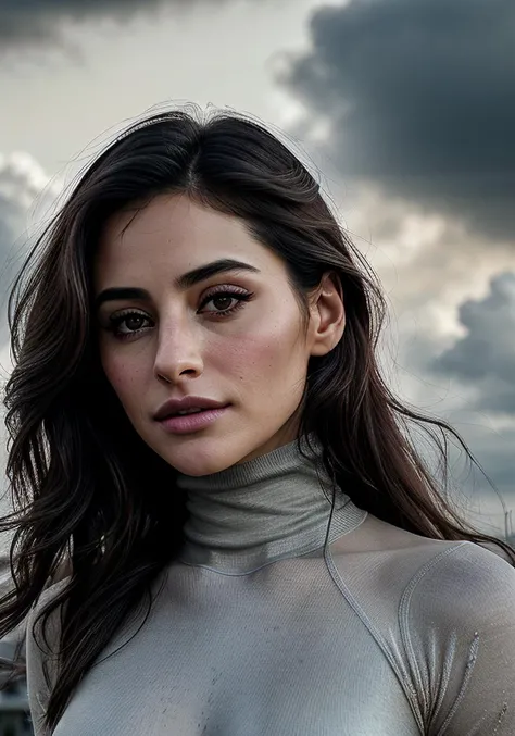 beautiful woman (Narg15F4khr101-140:.99), beautiful hair, elegant, ((portrait)), (closeup:1.1), ((from the waist up)), (sunlit city:1.2), (at noon, small clouds:1.5) hair blowing in wind, wind lift, natural skin texture, ((turtleneck leotard with spandex tights:1.2)), 24mm, 4k textures, soft cinematic light, adobe lightroom, photolab, hdr, intricate, elegant, highly detailed, sharp focus, ((((cinematic look)))), soothing tones, insane details, intricate details, hyperdetailed, low contrast, soft cinematic light, exposure blend, hdr, faded,