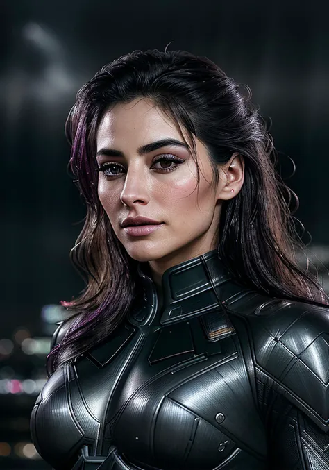 beautiful woman (Narg15F4khr101-140:.99), beautiful hair, elegant, (gotham city:1.2), (at night, rainy:1.5) hair blowing in wind, wind lift, natural skin texture, (wearing super (villian:1.2) cosplay outfit:1.4), sunset, ((evil makeup)), 24mm, 4k textures, soft cinematic light, adobe lightroom, photolab, hdr, intricate, elegant, highly detailed, sharp focus, ((((cinematic look)))), soothing tones, insane details, intricate details, hyperdetailed, low contrast, soft cinematic light, exposure blend, hdr, faded,
