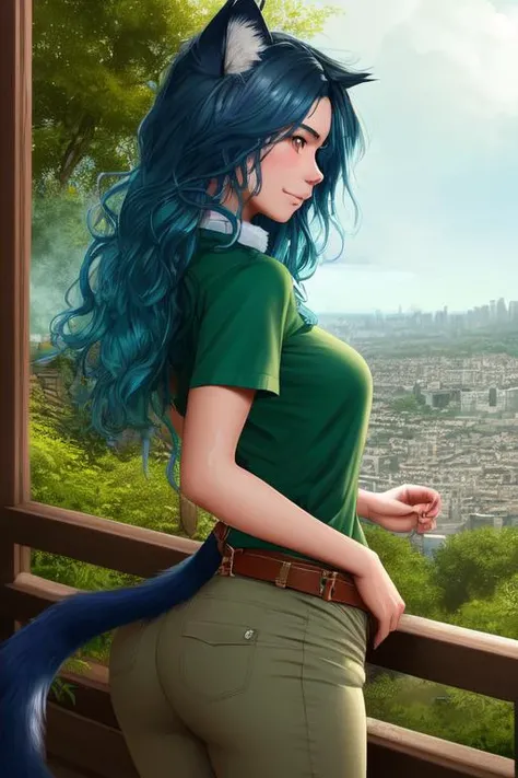 (furry cat:1.3), ultrarealistic,
vibrant, beautiful, (blue hair:1.2), (long wavy hair), small breasts, (body curves:1.3), hips,
full body, ((cat tail)), furry tail, older woman,
(((green))) clothing, shirt pull, shirt, (collar leash), (low pants),
soft eyes, full body,
fur stripes, ((whisker_marks)), vneck, dirty skin,
wet tail, wet hair, (((view from side))), leaning over, steam, ((leaning)),
natural skin, ((giggling)),
(((On a hillside with lots of trees overlooking a city))),
extremely detailed, photorealistic, (((furry wearing green flowing shirt))), messy long hair, high quality, by Ed Blinkey, Atey Ghailan, Alphonse Mucha, Antonio Moro, trending on ArtStation, trending on CGSociety, Sharp focus, photorealistic art by midjourney and greg rutkowski