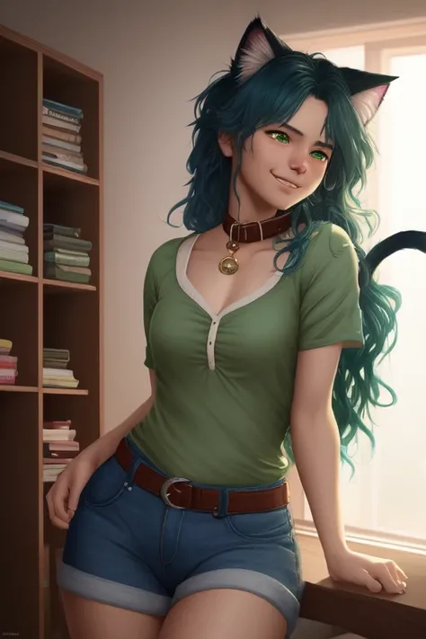 (furry cat:1.3), ultrarealistic,
vibrant, beautiful, (blue hair:1.2), (long wavy hair), small breasts, (body curves:1.3), hips,
full body, ((cat tail)), furry tail, older woman,
(((green))) clothing, shirt pull, shirt, (collar leash), (low pants),
soft eyes, full body,
cat toy, fur stripes, ((whisker_marks)), vneck, dirty skin,
wet tail, wet hair, (((facing viewer))), leaning over, steam, ((leaning)),
natural skin, ((giggling)),
extremely detailed, photorealistic, (((furry wearing green flowing shirt))), messy long hair, high quality, by Ed Blinkey, Atey Ghailan, Alphonse Mucha, Antonio Moro, trending on ArtStation, trending on CGSociety, Sharp focus, photorealistic art by midjourney and greg rutkowski
