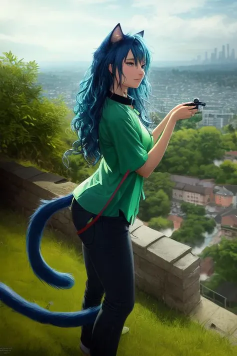 (furry cat:1.3), ultrarealistic,
vibrant, beautiful, (blue hair:1.2), (long wavy hair), small breasts, (body curves:1.3), hips,
full body, ((cat tail)), furry tail, older woman,
(((green))) clothing, shirt pull, shirt, (collar leash), (low pants),
soft eyes, full body,
fur stripes, ((whisker_marks)), vneck, dirty skin,
wet tail, wet hair, (((view from side))), leaning over, steam, ((leaning)),
natural skin, ((giggling)),
(((On a hillside with lots of trees overlooking a city))),
extremely detailed, photorealistic, (((furry wearing green flowing shirt))), messy long hair, high quality, by Ed Blinkey, Atey Ghailan, Alphonse Mucha, Antonio Moro, trending on ArtStation, trending on CGSociety, Sharp focus, photorealistic art by midjourney and greg rutkowski