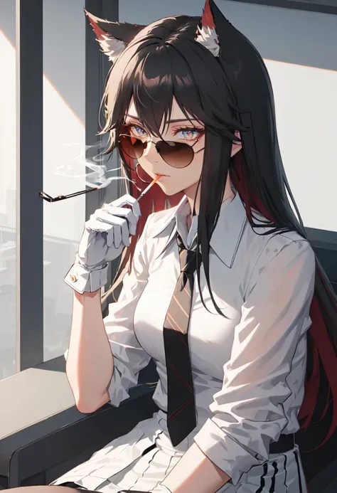 best quality, masterpiece, highres, solo, (texas_arknights:1.10), (black business suit:1.40), (tie:1.20), (sunglasses:1.25), (white gloves:1.15), (white shirt:1.10), (black skirt:1.15), (smoking:1.20), handsome, 31 <lora:texas_arknights:0.80>