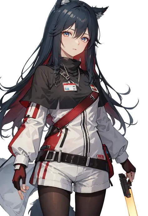 best quality, masterpiece, highres, solo, (texas_arknights:1.10), 1girl, long sleeves, black capelet, white jacket, fingerless gloves, black shorts, black pantyhose, black gloves, looking at viewer, short shorts, holding sword, brown eyes, standing, closed mouth, cowboy shot, id card, pantyhose under shorts, simple background, white background, 2 <lora:texas_arknights:0.80>