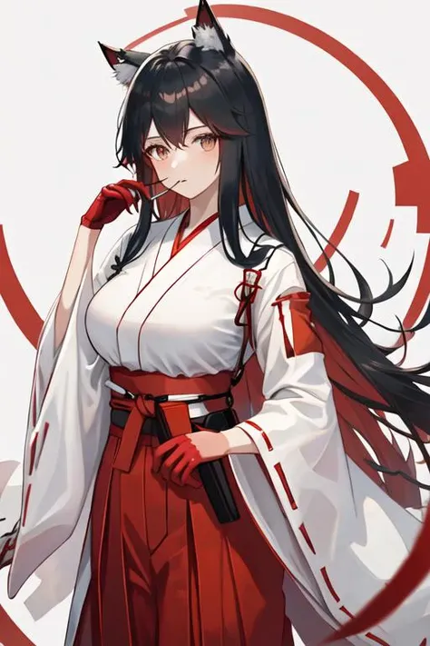 best quality, masterpiece, highres, solo, {white kimono:1.35}, {red hakama:1.35}, {wide sleeves:1.20}, {texas_arknights:1.15}, black_hair, animal_ears, long_hair, wolf_ears, bangs, animal_ear_fluff, hair_between_eyes, multicolored_hair, red_hair, upper_body, breasts, two-tone_hair, brown_eyes