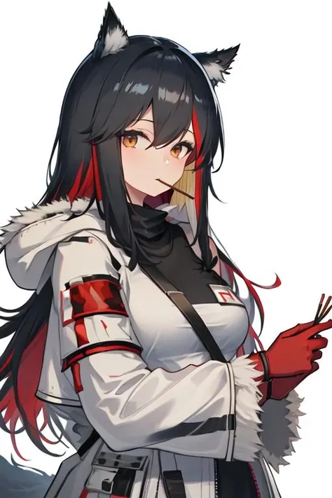 best quality, masterpiece, highres, 1girl, solo, {texas_arknights:1.15}, black_hair, animal_ears, long_hair, wolf_ears, bangs, animal_ear_fluff, hair_between_eyes, multicolored_hair, red_hair, breasts, two-tone_hair, brown_eyes, black_shirt, food, fur_trim, gloves, jacket, long_sleeves, looking_at_viewer, official_alternate_costume, open_clothes, pocky, shirt, white_jacket, food_in_mouth, holding, mouth_hold, red_gloves, upper_body, colored_inner_hair, holding_food, hood, open_jacket, fur-trimmed_sleeves, shoulder_strap
