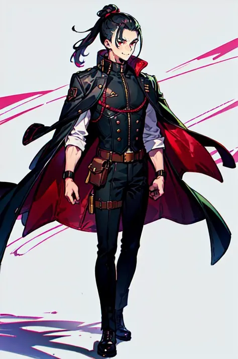 <lora:gyokai:0.75> solo,, ultra detailed, masterpiece, best quality, aesthetic, detailed,, solo, smug smile, 1boy, red eyes, <lora:Tsurime3:0.7>, (tsurime:1.2), black hair, undercut, top knot, parted bangs, long bangs, bangs, short hair, hair intakes, tall,, <lora:StS-Coat-and-Jacket-On-Shoulders-Iteration2:0.7> dataset, jacket on shoulders, (coat on shoulders:1.3), black coat, dress shirt, sleeves rolled up, fingerless gloves, holster, pants, belt, multiple belts, combat boots, bulletproof vest, tactical clothes,