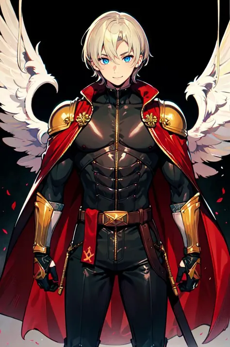 <lora:gyokai:0.7> solo, red theme, phornix,, ultra detailed, masterpiece, best quality, aesthetic, detailed,, solo, smile, 1boy, blue eyes, medium blonde hair, parted bangs, hair intakes, male focus, muscular male,, armor, pauldrons, cuirass, gauntlets, waist cape, greaves, black bodysuit, surcoat, shoulder sash, wing shoulder armor, cape, pants,