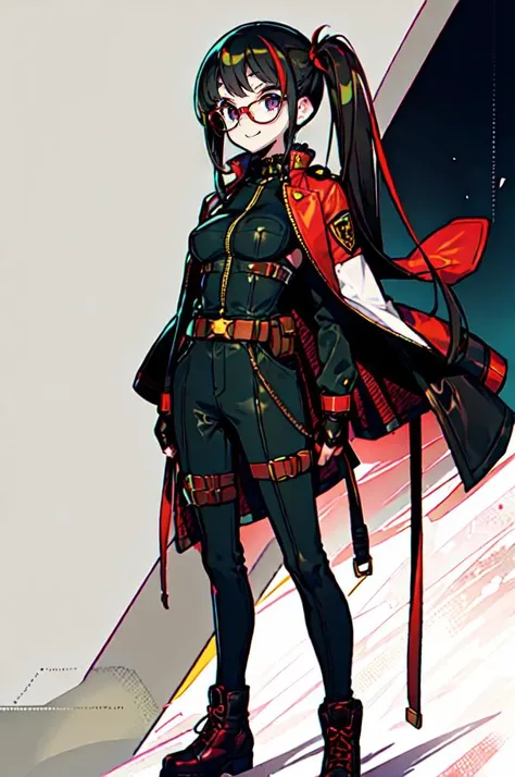 <lora:gyokai:1> solo,, ultra detailed, masterpiece, best quality, aesthetic, detailed,, solo, smug smile, 1girl, purple eyes, red-framed eyewear, (black hair, red colored tips:1.2), red streaked hair, very long hair, side ponytail, tied hair, medium breasts,, <lora:StS-Coat-and-Jacket-On-Shoulders-Iteration2:0.7> dataset, jacket on shoulders, coat on shoulders, red dress, sleeves rolled up, fingerless gloves, holster, belt, multiple belts, combat boots, bulletproof vest, pants, black coat, tactical clothes,
