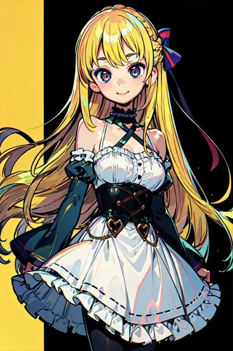 <lora:Marina_Lucce_Maxetto_OC_v2:0.35> smile, Marina_Lucce_Maxetto_OC, 1girl, solo, blonde, very long hair, french braid, hair ribbon, frilled choker, criss-cross halter, sleeveless dress, high-waist skirt, backless dress, waist bow, detached sleeves, frilled sleeves, wide sleeves, pantyhose, <lora:gyokai:1>, ultra detailed, masterpiece, best quality, aesthetic, detailed,