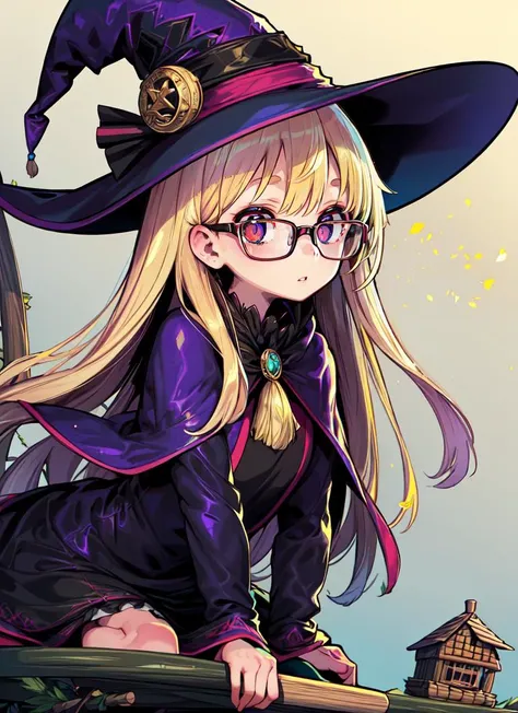((best quality)), ((highly detailed)), masterpiece, absurdres, extremely detailed face, beautiful face, (detailed eyes, deep eyes), <lora:more_details:.2>, (1girl), (glasses), dynamic pose, full body, witch, witch hat, broom, (outside, on a floating island, afternoon), <lora:DohnaV73:1>