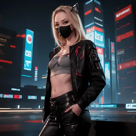 (masterpiece:1.2, best quality:1.2, high resolution),  <lora:Angel_Smalls_v2-04:1>, angel smalls,   ((cyberpunk)), cat girl, waist, night city,  Cyberpunk outfit, pants, jacket, t-shirt, cyberpunk mask,