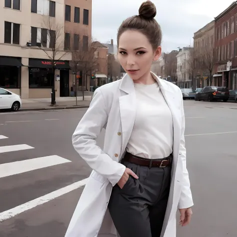 (masterpiece:1.2, best quality:1.2, high resolution), <lora:Angel_Smalls_v2-04:1>, angel smalls, bun, white coat, belt, sweater, trousers, solo,