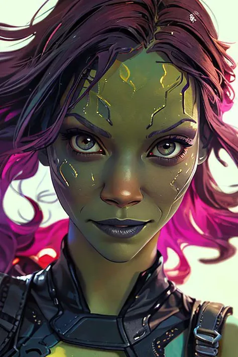 ((Green woman)), (((Zoe Saldana))), (((Gamora Marvel))), (headshot:1.1) portrait on a bright white background, (headshot:1.2), face focus, intricate (beautiful eyes:1.2), (wide open eyes:1.1), Big dark eyes,  clean photo, side lighting, low contrast, low saturation, bokeh, f1.4, 40mm, photorealistic, raw, 8k, textured skin, skin pores, intricate details  <lora:epi_noiseoffset2:1>, epiCRealism <lora:detail_slider_v4:0.8> ((((Green skin)))) ((pink highlights in hair)) Green nose, (subtle Symmetrical tribal-like metallic markings on face), (long dark hair), dark green lips, slight amber coloured eyes.