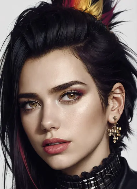 portrait of sks woman by Flora Borsi, style by Flora Borsi, bold, bright colours, rainbow Mohawk haircut, ((Flora Borsi)), <lora:locon_dualipa_v1_from_v1_64_32:1>
