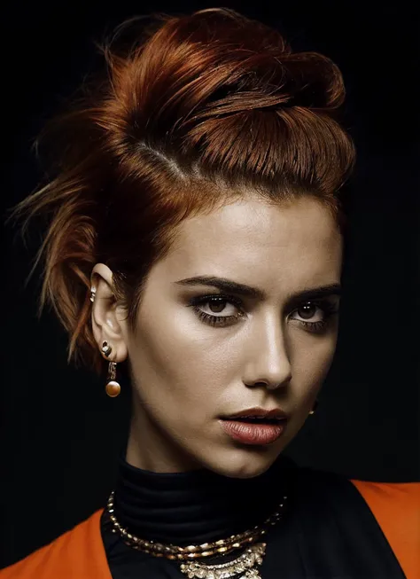 portrait of sks woman by Flora Borsi, style by Flora Borsi, bold, bright colours, orange Mohawk haircut, ((Flora Borsi)), <lora:locon_dualipa_v1_from_v1_64_32:1>
