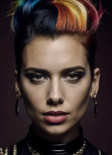 portrait of sks woman by Flora Borsi, style by Flora Borsi, bold, bright colours, rainbow Mohawk haircut, ((Flora Borsi)), <lora:locon_dualipa_v1_from_v1_64_32:1>