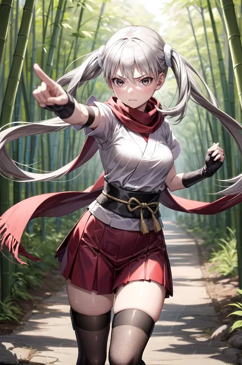 penelo_rev, twin braids, hair ornament, grey crop top, red pants, slippers, movement stuck in a bottomless thick mud puddle, worried face, trying to get out, background: marshy swamp covered by thick fog
