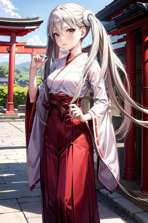 (masterpiece, best quality, detailed), 1girl, solo, oikurasodachi, grey eyes,
miko, japanese clothes, red hakama, hakama skirt, wide sleeves, white kimono, ribbon trim, outdoors, day, torii, shrine, east asian architecture