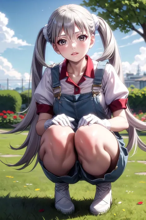 (masterpiece, best quality, detailed), 1girl, solo, oikurasodachi, grey eyes,
overalls, white shirt, short sleeves, white gloves, outdoors, garden, rose, grass, sunlight, day, blue sky, parted lips, squatting