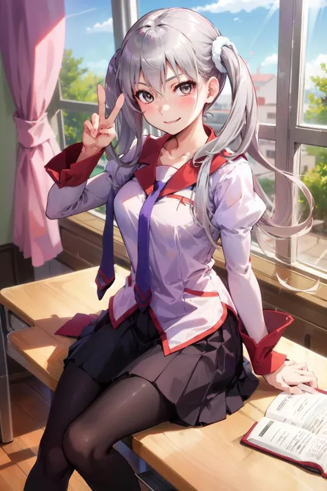 1girl, solo, smile, v, peace sign, looking at viewer,
oikurasodachi, grey eyes, school uniform, naoetsu high school uniform, necktie, skirt, juliet sleeves, black pantyhose,
school classroom, sitting, cowboy shot,
<lora:oikura-sodachi-08:0.7>