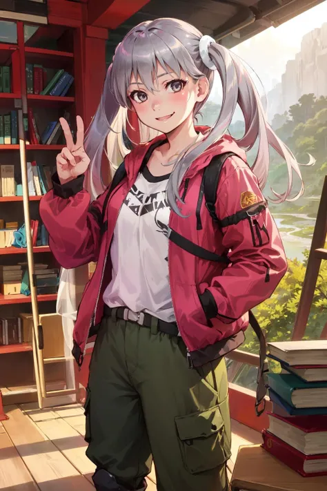 1girl, solo, smile, v, peace sign, looking at viewer,
oikurasodachi, grey eyes, Outdoor Adventure: Hiking pants, performance top, and hiking boots., dark,
library, books, Standing with hands in pockets, cowboy shot,
<lora:oikura-sodachi-08:0.8>