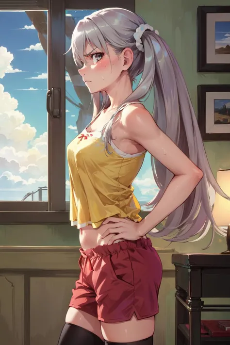 1girl, solo, angry, upset, looking at viewer,
oikurasodachi, grey eyes, camisole, sweatpants, thighhighs, day, clouds,
bedroom, Hands on the hips, looking confident, from side, cowboy shot,
<lora:oikura-sodachi-08:0.8>
