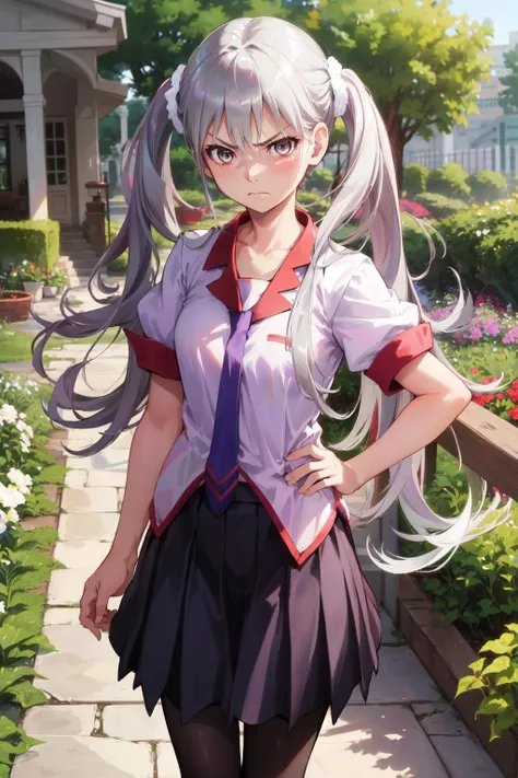 1girl, solo, angry, upset, looking at viewer,
oikurasodachi, grey eyes, school uniform, naoetsu high school uniform, necktie, skirt, puffy sleeves, black pantyhose,
house garden, standing, cowboy shot,
<lora:oikura-sodachi-08:0.7>