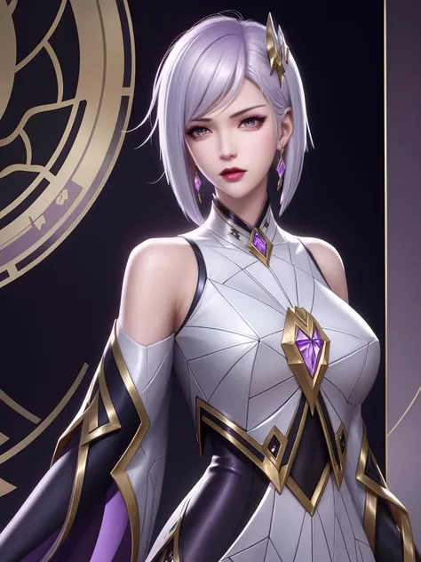 short hair,purple hair ornament,looking at viewer,cityscape,night,gem,jewelry,mature female, parted bangs, white hair, shiny hair,arms behind back,angry, <lora:Jing_20230709202801-000007:0.7>