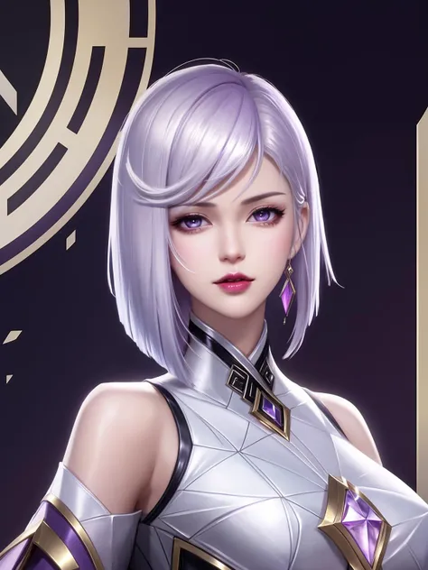 short hair,purple hair ornament,looking at viewer,cityscape,night,gem,jewelry,  <lora:Jing_20230709202801-000008:0.75>,mature female, parted bangs, white hair, shiny hair,