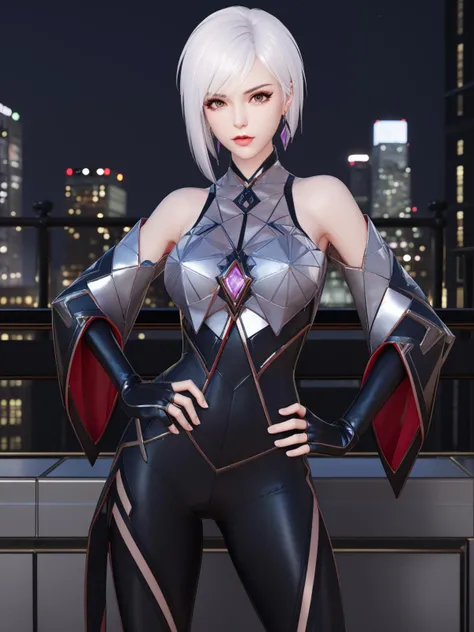 WZRYjingYP, 1girl, solo, fingerless gloves, jewelry, earrings, standing, looking at viewer, white hair, bare shoulders, short hair, gem, elbow gloves, black gloves, bangs, makeup,detached sleeves,night, mature female, cityscape, <lora:WZRYjingYPiii:0.75>,shiny clothes, poolside,hand on hip,