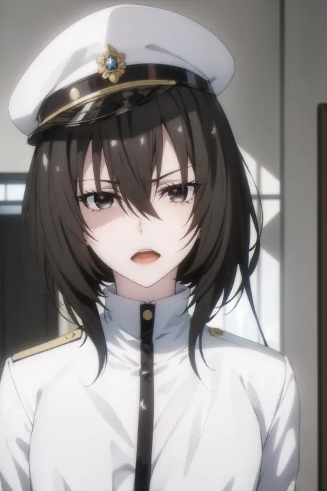1girl, <lora:KirukiruAmou-000002:0.8> , KirukiruAmou, solo, looking_at_viewer, short_hair, open_mouth, bangs, black_hair, hat, hair_between_eyes, brown_eyes, parted_lips, indoors, blurry, uniform, black_eyes, head_tilt, looking_to_the_side, military_uniform, white_headwear, portrait, peaked_cap,