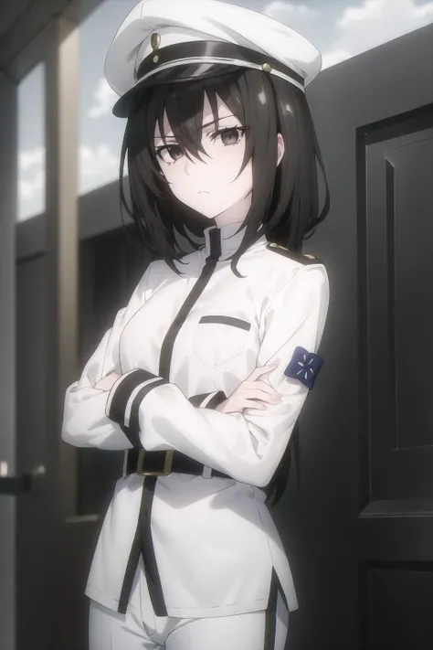 1girl, <lora:KirukiruAmou-000002:0.8> , KirukiruAmou, solo, looking_at_viewer, short_hair, bangs, shirt, black_hair, long_sleeves, 1boy, hat, hair_between_eyes, closed_mouth, upper_body, male_focus, blurry, uniform, black_eyes, blurry_background, white_headwear, expressionless, crossed_arms, pale_skin, peaked_cap, androgynous, empty_eyes, white_skin, :|, white_pants ,