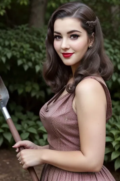 , ((dark brown hair)), photo of a woman, ((fifties hair, 50s hairstyle, fifties dress, garden, shovel, dirty face)), smiling, (lipstick, blush, eye shadow), ((best quality, masterpiece, extreme details, high resolution):1.2),((detailed eyes, beautiful eyes, detailed face, beautiful face):1.2) <lora:nancy-06:0.6>, nancy,