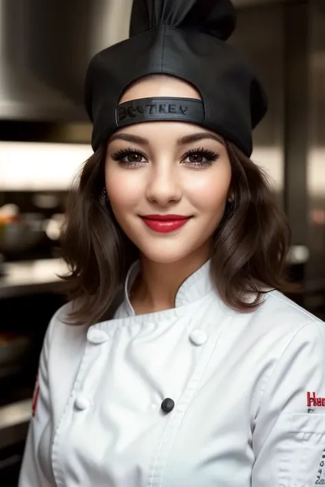 , ((dark brown hair)), photo of a woman, ((chef hat, chef jacket, commercial kitchen)), smiling, (lipstick, blush, eye shadow), ((best quality, masterpiece, extreme details, high resolution):1.2),((detailed eyes, beautiful eyes, detailed face, beautiful face):1.2) <lora:nancy-06:0.6>, nancy,