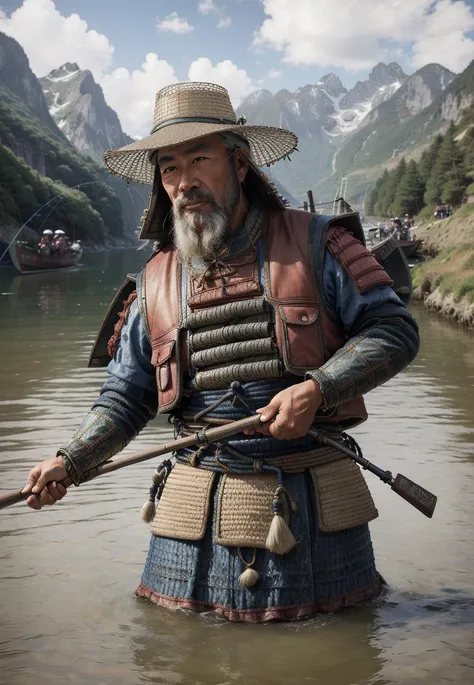 close up, photorealistic, crowd around <lora:LongTchi-10:1> LongTchi, medieval man fisherman, fishing, look at viewer, (mountain background:0.7), (perfect hands:1.2),