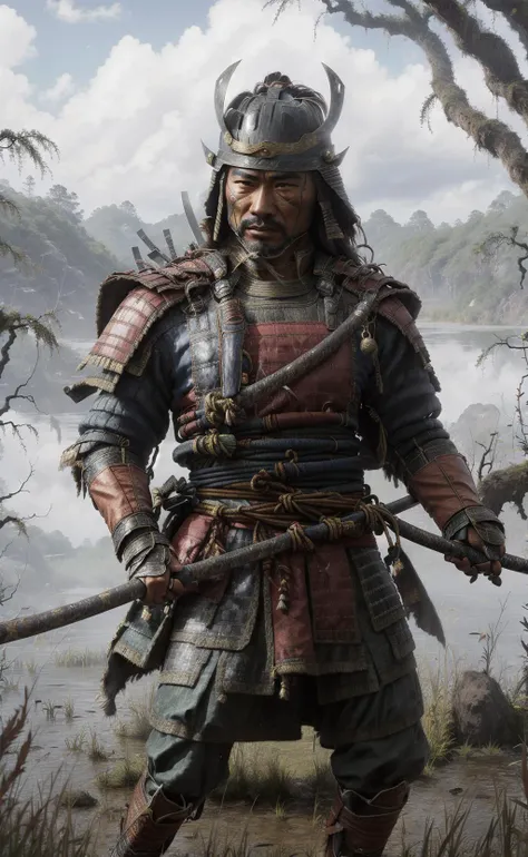 epic angle, close up, photorealistic, crowd around <lora:LongTchi-10:1> LongTchi, man warrior, fighting, holding a katana,(swamp background:1.0), perfect hands,