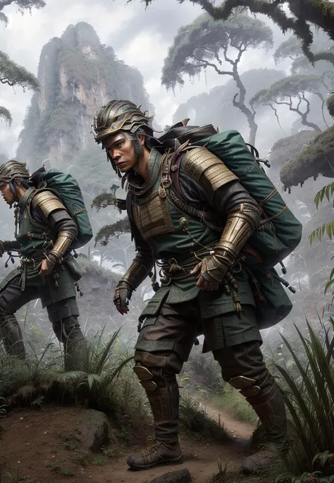 epic angle, close up, photorealistic, crowd around <lora:LongTchi-10:1> LongTchi, adventurer, walking,(jungle background:1.0), (perfect hands:1.2),