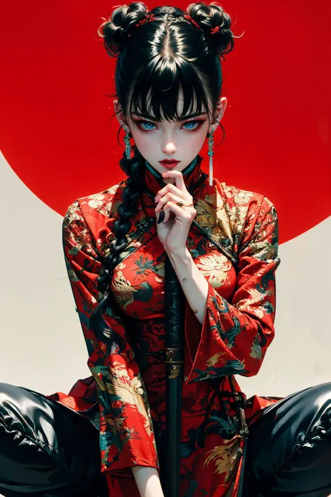 ultra high resolution,((masterpiece))),(((best quality))),((super detailed)),((extremely delicate and beautiful)),
xuer ai yazawa style girl,black hair,1girl,jewelry,earrings,dragon,long hair,sitting,braid,looking at viewer,own hands together,eastern dragon,long sleeves,blue eyes,black pants,wide sleeves,red lips,chinese clothes,closed mouth,makeup,holding weapon,holding,
disgust,
<lora:~Q?-kfX\YsV2 xuer ai yazawa style girl:0.8>,