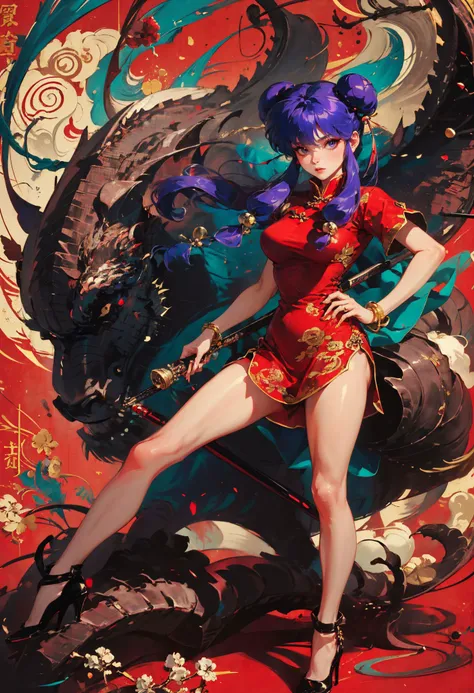 xuer Shampoo,1girl,shampoo \(ranma 1/2\),chinese clothes,solo,double bun,purple hair,long hair,hair bun,fighting stance,hair ornament,black footwear,breasts,hair bell,polearm,full body,bangs,high heels,holding,purple eyes,red dress,short sleeves,bare legs,sidelocks,holding weapon,looking at viewer,short dress,makeup,red background,jewelry,bracelet,closed mouth,eastern dragon,legs,thighs,lips,flats,
purple hair,double bun,long hair,(hair bell:1.1),shampoo \(ranma 1/2\),<lora:xuer Shampoo_20240303193333:0.8>,