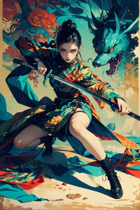 ultra high resolution,((masterpiece))),(((best quality))),((super detailed)),((extremely delicate and beautiful)),(wide shot, wide-angle lens,Panoramic:1.2),super vista,super wide Angle,Low Angle shooting,super wide lens,highly detailed,(masterpiece, top quality, best quality, official art, beautiful and aesthetic:1.2),(fractal art:1.2),
xuer ai yazawa style girl,1girl,solo,holding weapon,katana,floral print,looking at viewer,fighting stance,braid,floral print,Ink,ink splatter,
(disgust:1.3),(full body:1.4),A shot with tension,(sky glows light green,Visual impact,giving the poster a dynamic and visually striking appearance:1.2),Chinese Zen style,impactful picture,
<lora:~Q?-kfX\YsV2 xuer ai yazawa style girl:0.8>,