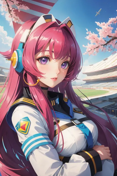 1girl, (installation art designed by Paolo Soleri:0.7) , architecture art, pleasant Cinematic still, award winning, over the shoulder shot of a Sakura [Robotic|Shimmering] fat Space Age (Female Air traffic controller:1.3) , the Air traffic controller has Dreamlike hair, inside a [Misshapen:Dense:8] Stadium, Magenta water with Locust, Spring, horizon-centered, Maximalist, Shameful, Orientalism Art, Gel lighting, F/2.8, CineColor, White background, Swirling, realistic beautiful face, detailed face, Best quality, contest winner