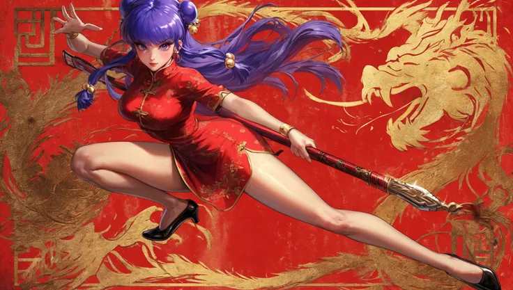 xuer Shampoo,1girl,shampoo \(ranma 1/2\),chinese clothes,solo,double bun,purple hair,long hair,hair bun,fighting stance,hair ornament,black footwear,breasts,hair bell,polearm,full body,bangs,high heels,holding,purple eyes,red dress,short sleeves,bare legs,sidelocks,holding weapon,looking at viewer,short dress,makeup,red background,jewelry,bracelet,closed mouth,eastern dragon,legs,thighs,lips,flats,
purple hair,double bun,long hair,(hair bell:1.1),shampoo \(ranma 1/2\),<lora:~Q?-st xuer Shampoo:0.8>,